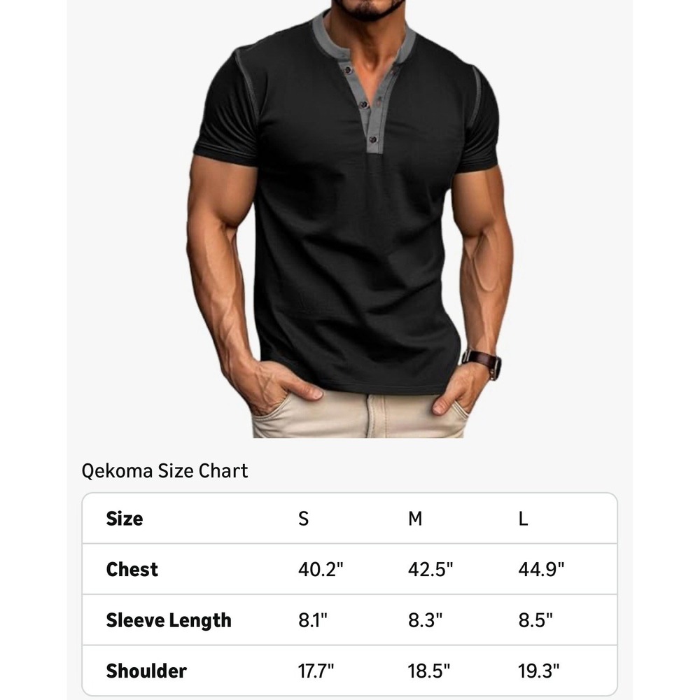 Mens Henley Shirt Short Sleeve Slim Fit Contrast Button Placket Black Medium - Picture 4 of 5